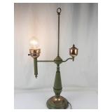 Vintage Student Lamp With Green Painted Body & Brass Accents