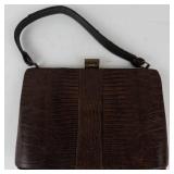 Vintage Brown Lizard Skin Purse With Brass Frame & Handle
