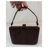 Vintage Brown Lizard Skin Purse With Brass Frame & Handle
