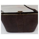 Vintage Brown Lizard Skin Purse With Brass Frame & Handle