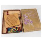Vintage Wooden Chinese Checkers Board Game With Golden Bouquet Box