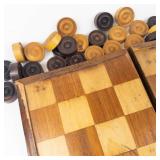 Vintage Handmade Inlaid Wood Folk Art Chess Board Set