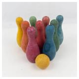 Vintage Miniature Wooden Bowling Pin Set With Ball (11 Pieces)