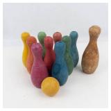 Vintage Miniature Wooden Bowling Pin Set With Ball (11 Pieces)
