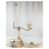 Vintage Toleware Student Lamp With Glass Reflector Shade
