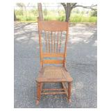 Antique Oak Press-Back Rocking Chair With Cane Seat