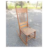 Antique Oak Press-Back Rocking Chair With Cane Seat