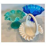 Fenton Hobnail Glass Compote Bowl and Bridal Basket Set (Lot of 3)
