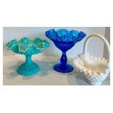 Fenton Hobnail Glass Compote Bowl and Bridal Basket Set (Lot of 3)
