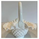 Fenton Hobnail Glass Compote Bowl and Bridal Basket Set (Lot of 3)
