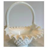 Fenton Hobnail Glass Compote Bowl and Bridal Basket Set (Lot of 3)