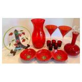 Red Glass Mixed Lot With Strawberry Plate, Vase, Decanter & Dish
