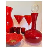 Red Glass Mixed Lot With Strawberry Plate, Vase, Decanter & Dish