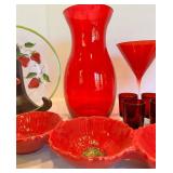 Red Glass Mixed Lot With Strawberry Plate, Vase, Decanter & Dish