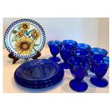 Heartland China Sunflower Plate, Blue Sundae Cups & Glass Plates Mixed Lot