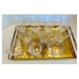 Gold Tray With Etched Glasses Set of 10