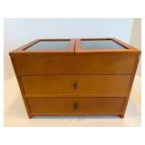 Wooden Jewelry Storage Box With Glass Top, Drawers & Compartmented Interior