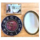 Mixed Lot: Framed Wall Art, Oval Mirror & Round Clock