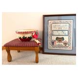 Framed Cross Stitch Sampler Folk Art with Wooden Stool