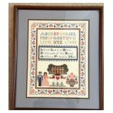 Framed Cross Stitch Sampler Folk Art with Wooden Stool