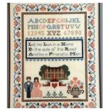 Framed Cross Stitch Sampler Folk Art with Wooden Stool