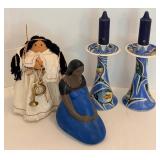 Signed Roundstone Candle Holders & Cloth Doll and Figurine (Lot of 4)