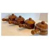 Set of 4 Brown Ceramic Handled Soup Dishes With Lids
