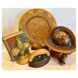 Decorative Wood Plate, Globe, Iron & Book Set Mixed Lot