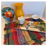Pottery Barn Vase, Pier 1 Lotus Bowls, Tray & Placemats Mixed Lot