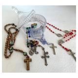 Four Rosaries & Covered Glass Jar Mixed Lot