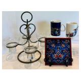 Scandinavian Mixed Lot: Glass Pedestal Bowl Stand, Norway Mugs & Decorative Tile