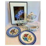 Decorative Floral Wall Art, Painted Glasses, Plates & Ceramic Server Mixed Lot
