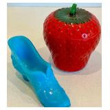 Vintage Hazel Atlas Strawberry Lidded Glass Dish & Fenton Glass Shoe
