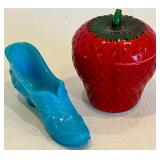 Vintage Hazel Atlas Strawberry Lidded Glass Dish & Fenton Glass Shoe