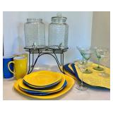 Blue & Yellow Plastic Dinnerware, Margarita Glasses & Beverage Dispensers Mixed Lot