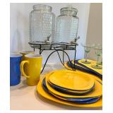 Blue & Yellow Plastic Dinnerware, Margarita Glasses & Beverage Dispensers Mixed Lot