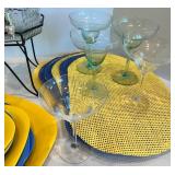 Blue & Yellow Plastic Dinnerware, Margarita Glasses & Beverage Dispensers Mixed Lot