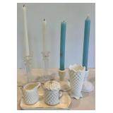 Hobnail Milk Glass Candleholders, Creamer and Sugar & Tray 8-Piece Mixed Lot