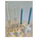 Hobnail Milk Glass Candleholders, Creamer and Sugar & Tray 8-Piece Mixed Lot