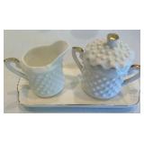 Hobnail Milk Glass Candleholders, Creamer and Sugar & Tray 8-Piece Mixed Lot