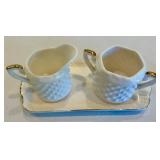 Hobnail Milk Glass Candleholders, Creamer and Sugar & Tray 8-Piece Mixed Lot
