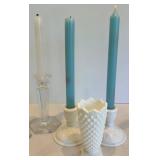 Hobnail Milk Glass Candleholders, Creamer and Sugar & Tray 8-Piece Mixed Lot
