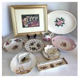 Mixed Lot: Floral China Dishes including Belleek & Framed Still Life Art