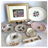 Mixed Lot: Floral China Dishes including Belleek & Framed Still Life Art