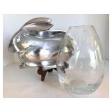 Krosno Poland Glass Vase & Holland Boone Polished Pewter Rabbit Vase
