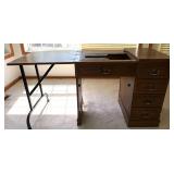 Wooden Sewing Machine Cabinet Table With Fold-Out Leaf & Drawers
