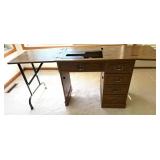 Wooden Sewing Machine Cabinet Table With Fold-Out Leaf & Drawers
