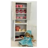 Horsman Doll Cabinet Display With Doll, Dish Set & Toy Cookware
