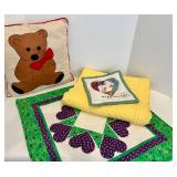Handmade Teddy Pillow, Quilt Sampler & Yellow Runner Mixed Lot