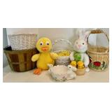 Easter Plush and Basket Mixed Lot With Ceramic Bunny Bowl